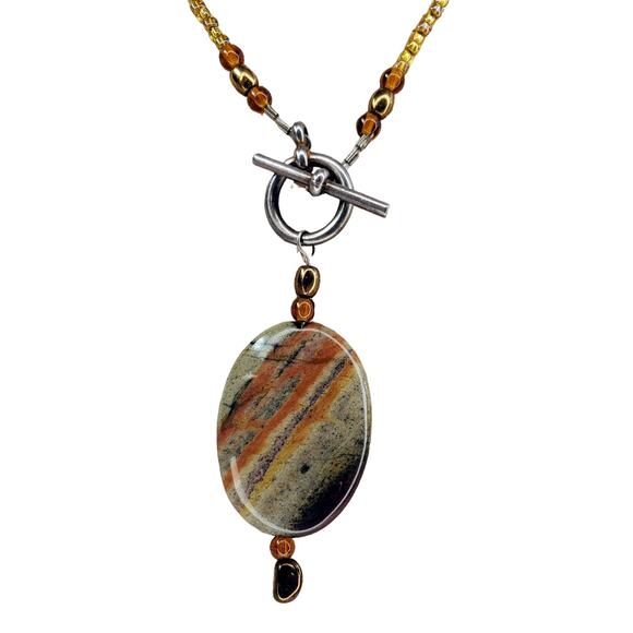 Artisan Picture Jasper Pendant Necklace w Honey Glass Beads & Toggle Clasp - Picture 1 of 7